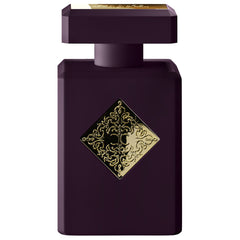 Photo of an Initio Parfums Privés fragrance bottle featuring a dark aubergine rectangular design, an ornate gold diamond-shaped emblem with intertwined patterns, and a faceted gold-edged cap