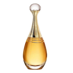 Christian Dior's Product Photography of a J'adore perfume bottle featuring its iconic teardrop shape golden liquid a distinctive sculpted ribbed gold neck and a clear spherical cap