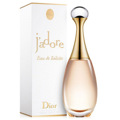 Dior J'adore Eau de Toilette perfume bottle featuring its iconic amphora shape, golden ribbed neck, and clear spherical cap, displayed next to its elegant white box with gold J'adore lettering