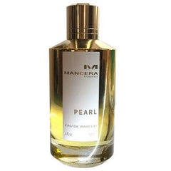 Mancera Paris Pearl Eau de Parfum product photo showcasing a luminous gold bottle with a textured gold cap and a crisp white label detailing the brand logo, 'Pearl' fragrance name, 'Eau de Parfum', and '4 FL.oz' volume