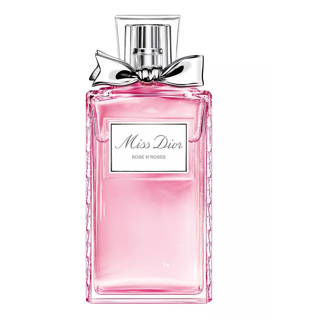 Product Photography by Dior a Miss Dior Rose N'Roses perfume bottle with a clear rectangular glass design, bright pink liquid, embossed sides, and a shimmering silver bow