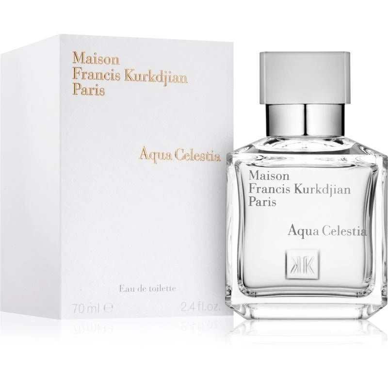 Maison Francis Kurkdjian Paris Aqua Celestia Eau de Toilette fragrance, displayed with its pristine white box featuring elegant gold lettering and a clear rectangular glass bottle adorned with a bright silver cap and distinct MFK monogram