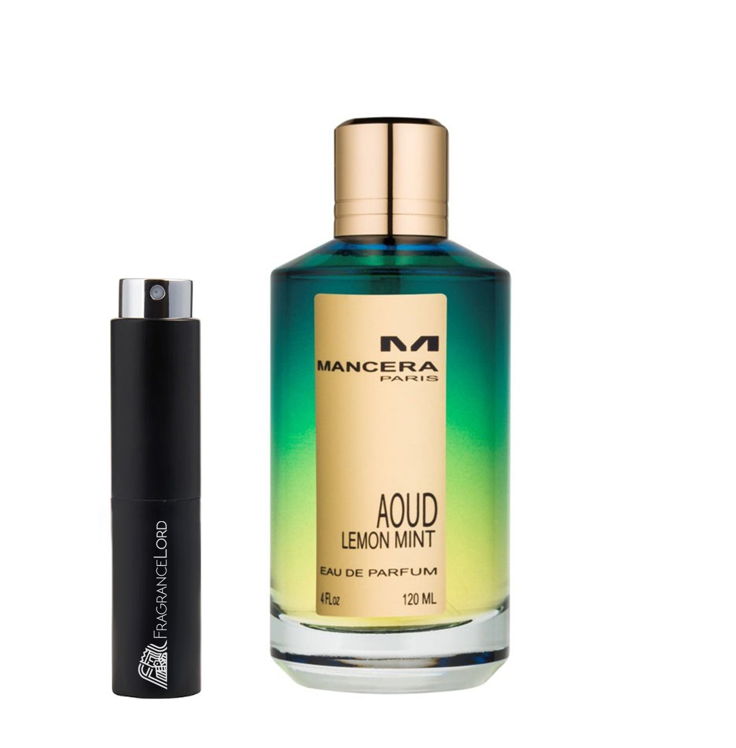 Photography of Mancera Paris Aoud Lemon Mint Eau de Parfum in its distinctive green-yellow ombre bottle with a shiny gold cap displayed next to a sleek black Fragrancelord travel decant