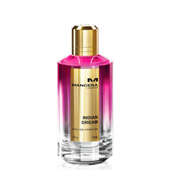 Mancera Paris Eau de Parfum Indian Dream perfume in a tall clear glass bottle with a vibrant pink to clear liquid gradient, a distinctive shiny gold cap, and a prominent gold label