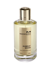 Mancera Paris Eau de Parfum Kumkat Wood fragrance bottle featuring a clear glass container with light yellow liquid, a gold label displaying the product name and brand, and a shiny gold cap
