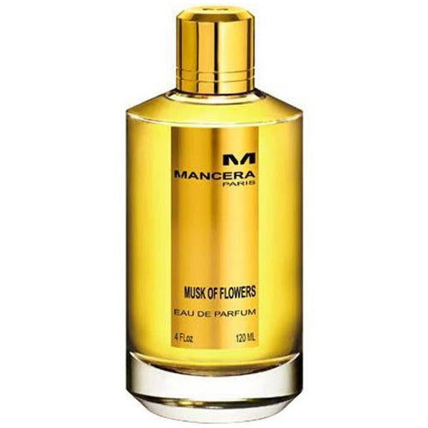 Mancera Paris Musk of Flowers Eau de Parfum bottle displaying vibrant golden yellow liquid, a reflective metallic gold cap, and a prominent black label with Musk of Flowers text and 120 ML volume