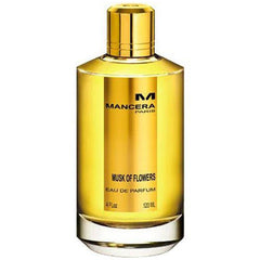 Mancera Paris Musk of Flowers Eau de Parfum bottle displaying vibrant golden yellow liquid, a reflective metallic gold cap, and a prominent black label with Musk of Flowers text and 120 ML volume