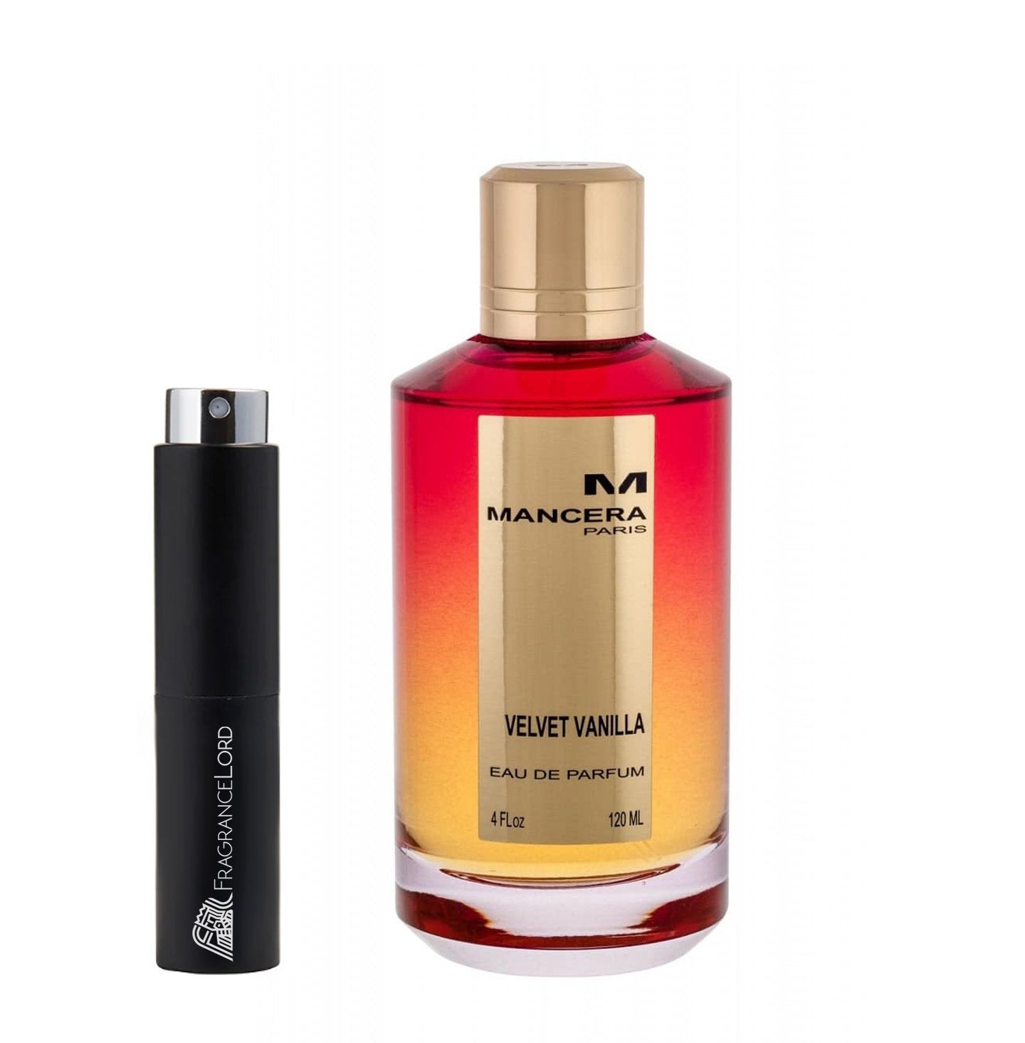 Product photography featuring a Mancera Velvet Vanilla 120ml Eau de Parfum bottle with a red to amber gradient and gold cap next to a sleek black FragranceLord travel atomizer