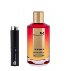 Product photography featuring a Mancera Velvet Vanilla 120ml Eau de Parfum bottle with a red to amber gradient and gold cap next to a sleek black FragranceLord travel atomizer