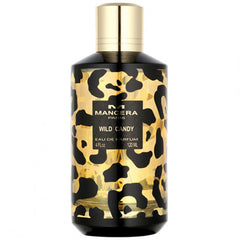 Product photo by Mancera Paris of a Mancera Wild Candy Eau de Parfum bottle featuring a distinct gold and black leopard print design a shiny gold cap and the Mancera Wild Candy Paris label