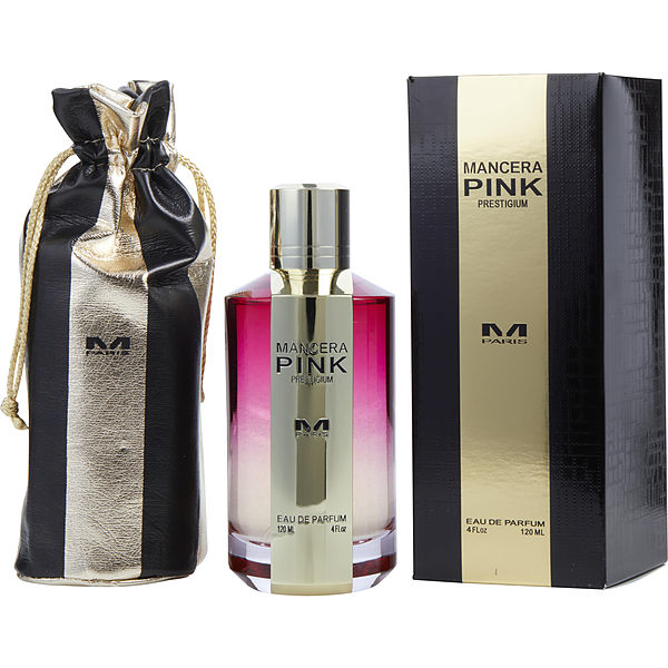 Mancera Pink Prestiguim Eau de Parfum set featuring a 120ml bottle with pink gradient liquid and gold cap, a black and gold striped protective pouch, and a matching black and gold textured box