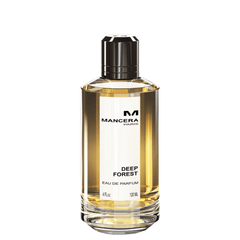 Product photography by Mancera Paris of their Deep Forest Eau de Parfum bottle on a white background showcasing golden amber liquid in a clear glass cylinder with a sleek dark metallic cap featuring the iconic M logo