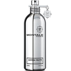 Montale Paris Chypre Fruite Eau de Parfum in a sleek reflective silver bottle with prominent black text, a distinctive silver square M logo charm, and a 100ml label