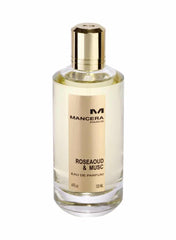 Studio photograph of a Mancera Roseaoud & Musc Eau de Parfum in a clear glass bottle with a bright gold cap and a gold label detailing the fragrance and 120 ml volume