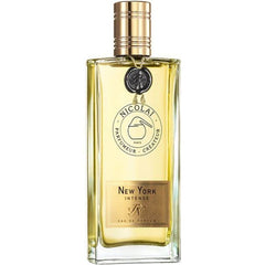 Product photography by Nicolaï Parfumeur Créateur of a rectangular glass bottle of New York Intense Eau de Parfum featuring a golden cap, black wax seal, and golden label