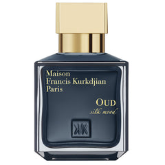 Product photograph of Maison Francis Kurkdjian Paris OUD silk mood perfume, a dark blue-grey rectangular bottle with a shiny gold cap and elegant gold text