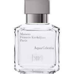 Product photography of Maison Francis Kurkdjian's clear glass Aqua Celestia perfume bottle from Paris featuring a sleek silver metallic cap and an embossed MFK monogram