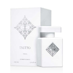 Initio Rehab Extrait de Parfum matte white hexagonal bottle and matching box featuring a prominent silver embossed ornate diamond logo and text Initio Rehab Extrait de Parfum 90ml