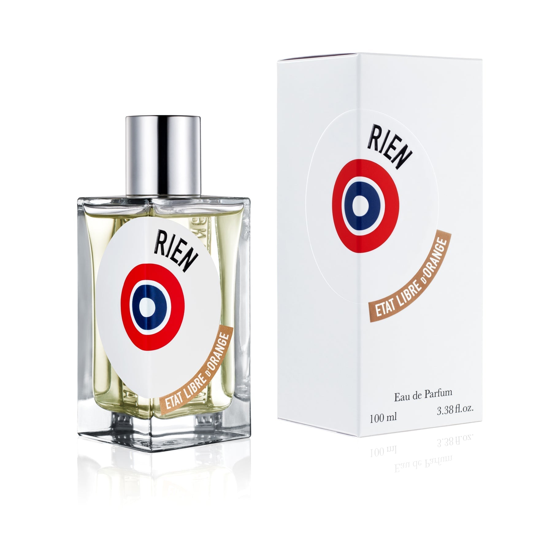 A product image of the Etat Libre d'Orange Rien Eau de Parfum clear glass bottle and accompanying white box, both featuring a distinctive red white and blue French roundel logo with black RIEN text and a curved brown banner displaying Etat Libre d'Orange on a white background