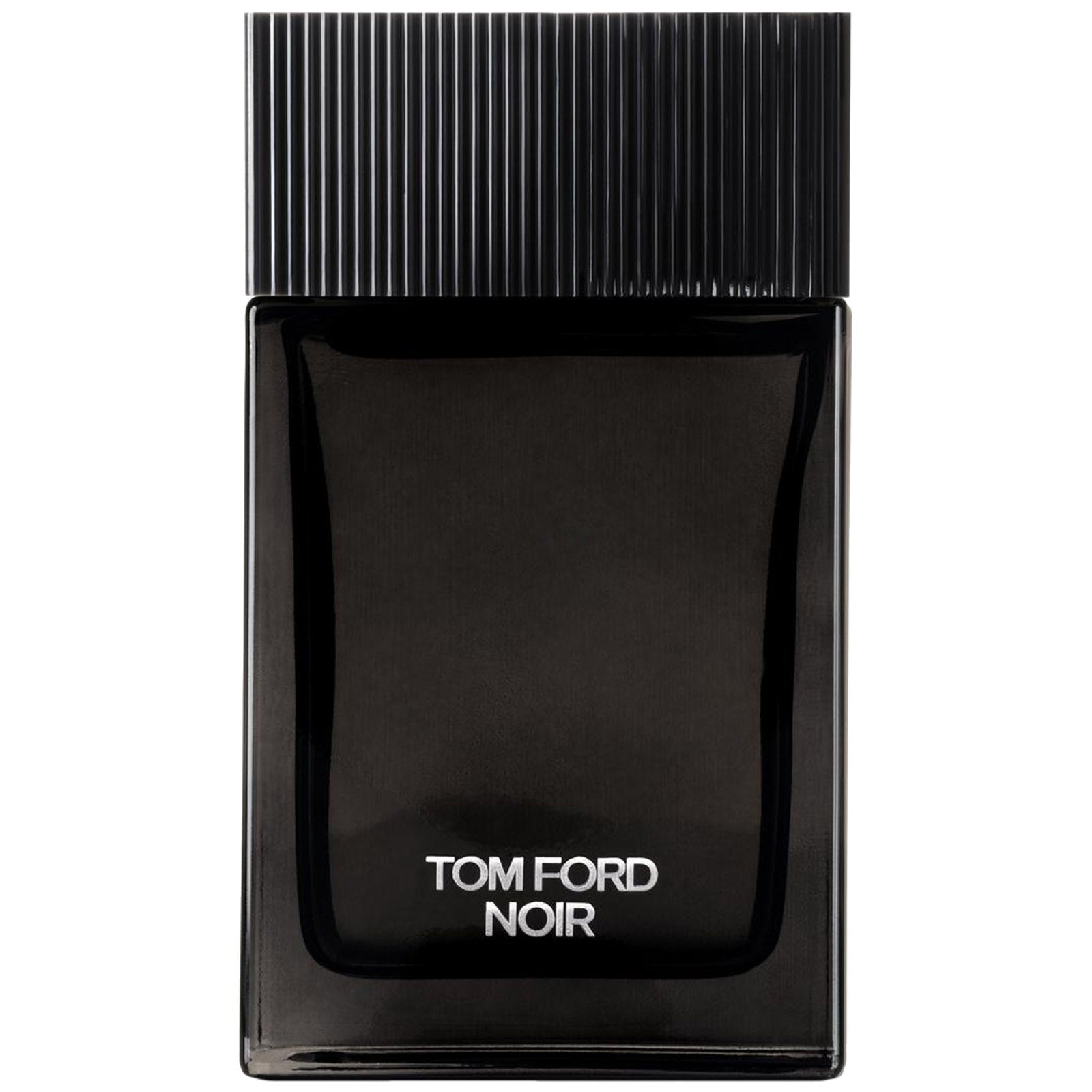 Product photography of a sleek black rectangular Tom Ford Noir fragrance bottle featuring a ribbed black cap and prominent silver lettering on a white background