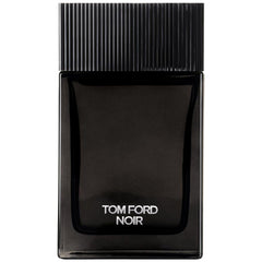 Product photography of a sleek black rectangular Tom Ford Noir fragrance bottle featuring a ribbed black cap and prominent silver lettering on a white background