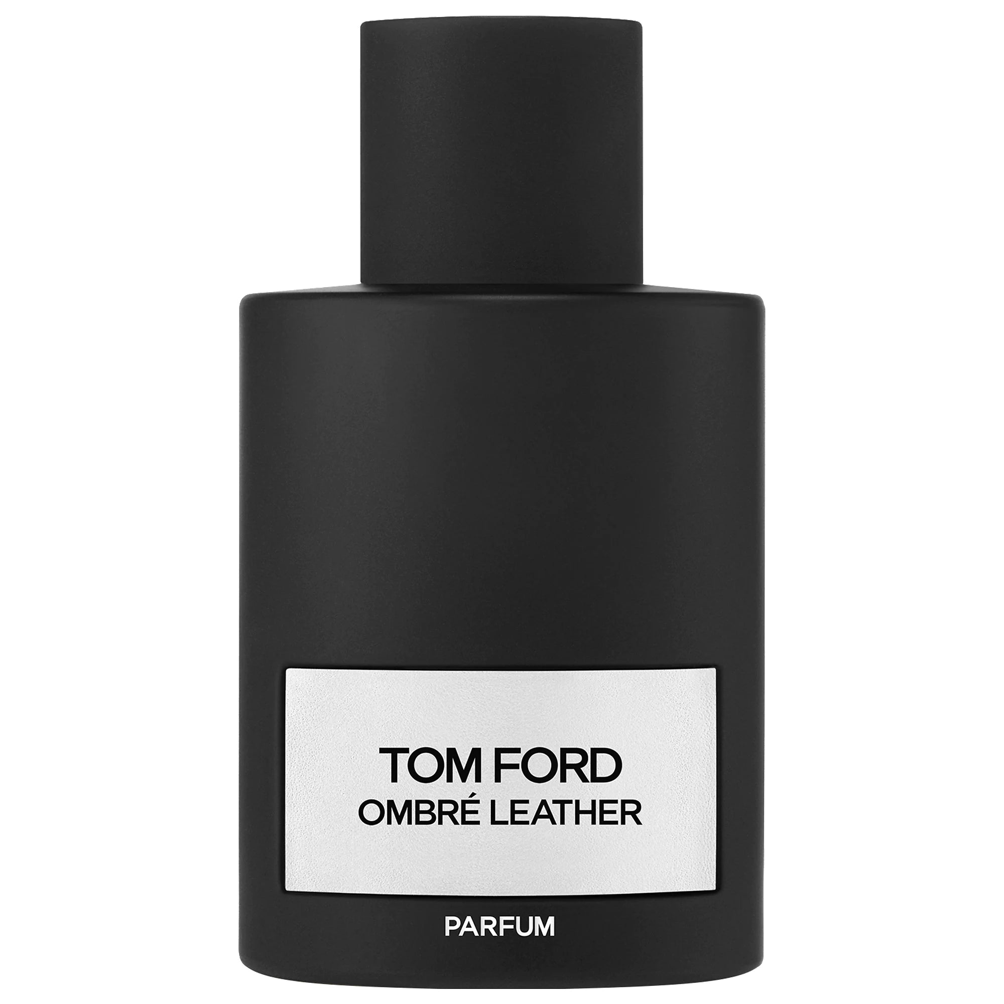 Product image of Tom Ford Ombré Leather Parfum, a minimalist matte black rectangular bottle with a square cap and a contrasting white label displaying TOM FORD OMBRÉ LEATHER PARFUM in bold black typography