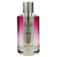 Product photo of a Mancera Pink Prestigium Eau de Parfum bottle from Paris, featuring a clear glass bottle with a vibrant pink-to-clear gradient, a gold vertical label with "Mancera Pink Prestigium", and a shiny silver cylindrical cap