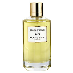 Mancera Paris product image of Soleil D'Italie perfume bottle featuring a clear glass base, light yellow liquid, a prominent gold cap, and a white label displaying 'Soleil D'Italie' and 'Mancera Paris' in black text