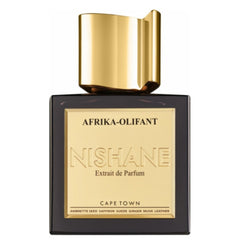 Nishane's Afrika-Olifant Extrait de Parfum in a black square bottle with a distinctive golden cap and a gold label featuring Cape Town and rich notes of Ambrette Seed Saffron Suede Ginger Musk Leather