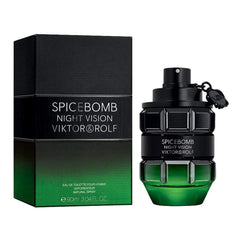 Viktor & Rolf Spicebomb Night Vision Eau de Toilette for men perfume set on a white background, featuring a grenade-shaped black and dark green gradient bottle with a matching branded box.