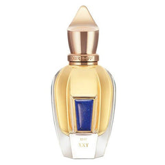 Product photo of a Xerjoff 17/17 XXY perfume bottle featuring a gold-toned liquid a clear glass base a pointy gold cap and a prominent rectangular dark blue lapis lazuli-like stone on the front