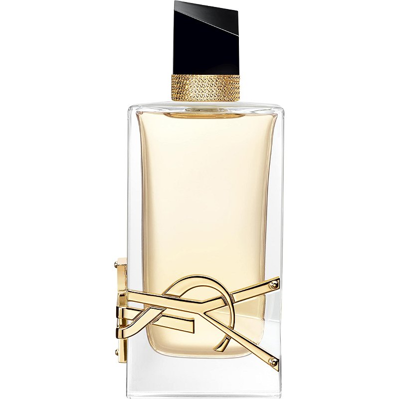 Product photography of Yves Saint Laurent Libre perfume bottle featuring a clear rectangular glass design, light amber liquid, an asymmetrical black cap with a textured gold collar, and the iconic gold YSL logo wrapped around the bottle