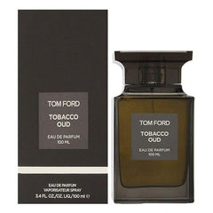 Tom Ford Tobacco Oud Eau de Parfum with its dark brown rectangular box and matching square dark glass bottle filled with amber liquid displaying gold brand text