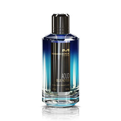 Product photograph of Mancera Paris Aoud Blue Notes perfume bottle featuring a gradient blue glass design a black label with white text and a sleek dark metallic cap