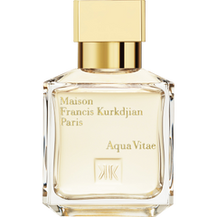 Maison Francis Kurkdjian Aqua Vitae perfume bottle features a clear glass rectangular body with a shiny golden cap and elegant gold embossed lettering for Maison Francis Kurkdjian Paris Aqua Vitae and the MFK monogram