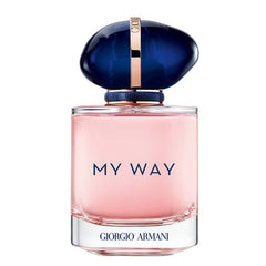 Product photo by Giorgio Armani of a My Way perfume bottle on a white background featuring pink liquid, a dark blue smooth cap with a rose gold band, and the name MY WAY in blue text