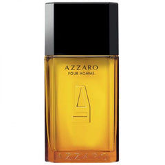 Product photo of an Azzaro Pour Homme cologne rectangular amber glass bottle with a black hexagonal cap, featuring AZZARO POUR HOMME text, a large embossed A logo, and AZZARO embossed at the base