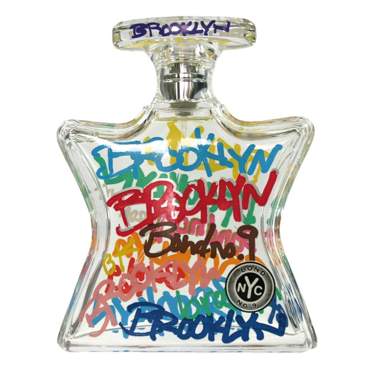 Bond No. 9 Brooklyn fragrance in an iconic star-shaped clear glass bottle, celebrating Brooklyn, New York City, through vibrant multi-colored graffiti-style lettering spelling 'Brooklyn' and 'Bond No. 9' in hues of red, blue, and yellow, alongside its distinctive circular NYC logo
