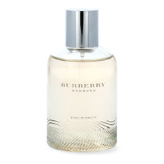 Burberry Weekend For Women Eau de Parfum bottle featuring a polished silver cap, a clear glass body with a light golden liquid, and an intricately ridged bottom on a white background