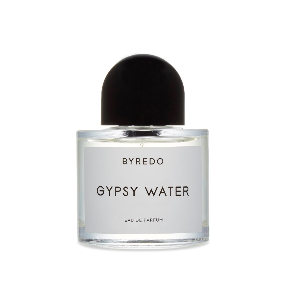 Product photograph of BYREDO Gypsy Water Eau de Parfum bottle featuring a clear glass container with a distinctive black dome cap and a white label displaying the product name in black text