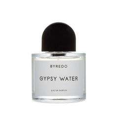 Product photograph of BYREDO Gypsy Water Eau de Parfum bottle featuring a clear glass container with a distinctive black dome cap and a white label displaying the product name in black text