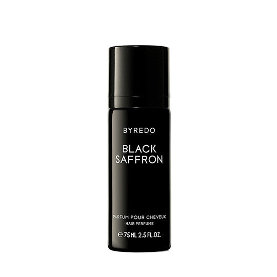 Product photo of a Byredo Black Saffron Hair Perfume bottle on a white background featuring a sleek matte black cylindrical design with white BYREDO BLACK SAFFRON branding and HAIR PERFUME e 75ML 2.5 FL.OZ text