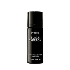 Product photo of a Byredo Black Saffron Hair Perfume bottle on a white background featuring a sleek matte black cylindrical design with white BYREDO BLACK SAFFRON branding and HAIR PERFUME e 75ML 2.5 FL.OZ text