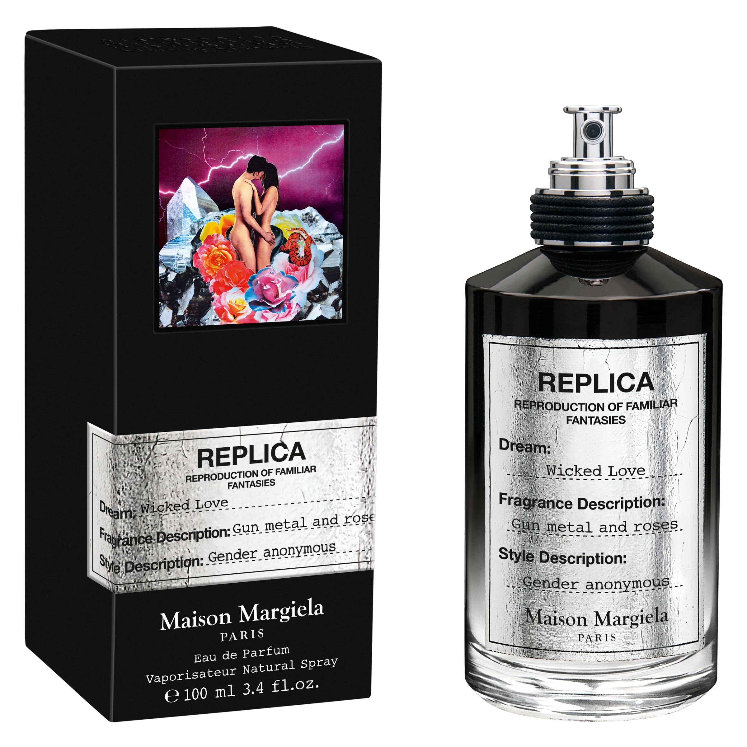 Maison Margiela REPLICA Wicked Love Eau de Parfum bottle and black box, presented together, feature a vibrant collage of embracing figures, colorful roses, blue crystals, and purple lightning on the box, with both items sporting textured silver labels detailing the 'Gun metal and roses' fragrance and 'Gender anonymous' style, and the clear glass bottle having a distinct black-wrapped neck