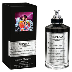 Maison Margiela REPLICA Wicked Love Eau de Parfum bottle and black box, presented together, feature a vibrant collage of embracing figures, colorful roses, blue crystals, and purple lightning on the box, with both items sporting textured silver labels detailing the 'Gun metal and roses' fragrance and 'Gender anonymous' style, and the clear glass bottle having a distinct black-wrapped neck