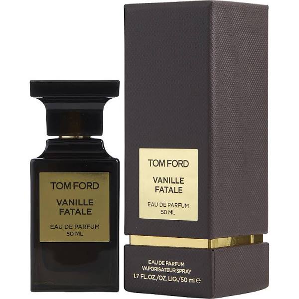 Tom Ford Vanille Fatale Eau de Parfum fragrance bottle and textured box featuring dark brown glass and packaging with prominent gold labels displaying the product name and 50ml size