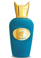 Perfume bottle by Sospiro, a vibrant teal velvet-flocked Andante Eau de Parfum bottle featuring an ornate gold crown cap and a gold oval label with a musical note emblem
