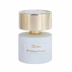 Product photography of Tiziana Terenzi Orion perfume bottle featuring a minimalist matte white body, a prominent shiny gold cap with an ornate textured top, and elegant gold script for the brand and fragrance name