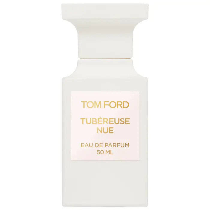 Product photograph of a Tom Ford Tubéreuse Nue Eau de Parfum 50 ML perfume bottle with a minimalist white design, pale pink rectangular label, and prominent gold lettering
