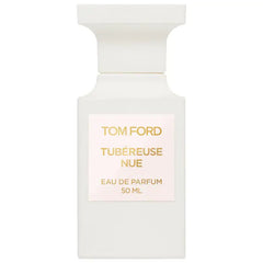 Product photograph of a Tom Ford Tubéreuse Nue Eau de Parfum 50 ML perfume bottle with a minimalist white design, pale pink rectangular label, and prominent gold lettering
